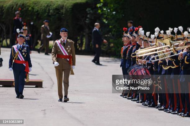 King Felipe upon his arrival at the Swearing-in ceremony of the new Royal Guardsmen held at the &quot;El Rey&quot; Barracks of the El Pardo Palace,...