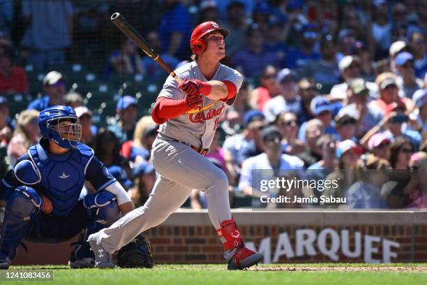 Nolan Gorman of the St. Louis Cardinals hits a three-run home run in the fourth inning against the Chicago Cubs at Wrigley Field on June 03, 2022 in...