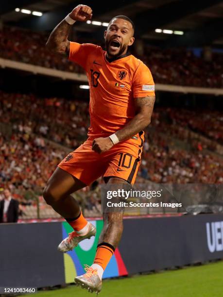 Memphis Depay of Holland celebrates 0-2 during the UEFA Nations league match between Belgium v Holland at the King Baudouin Stadium on June 3, 2022...