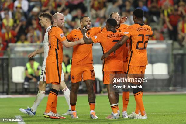 Memphis Depay of the Netherlands celebrates after scoring a goal during the UEFA Nations League Group A match between Belgium and the Netherlands at...