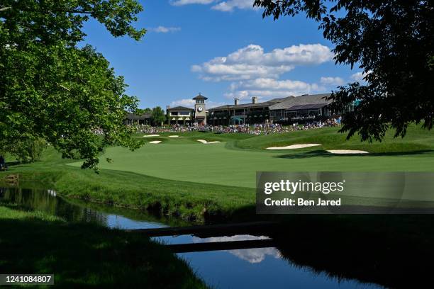 View of the 18th hole and clubhouse during the second round of the Memorial Tournament presented by Workday at Muirfield Village Golf Club on June 3,...