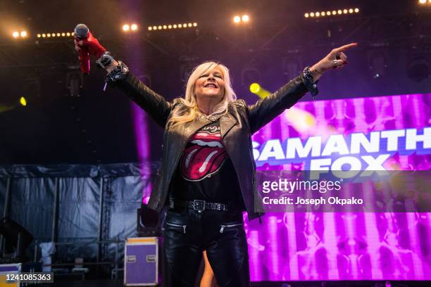 Samantha Fox performs on the Main stage during Mighty Hoopla Festival at Brockwell Park on June 3, 2022 in London, England.