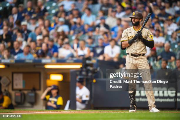 Nomar Mazara of the San Diego Padres stands in at-bat in the first inning against the Milwaukee Brewers at American Family Field on June 3, 2022 in...