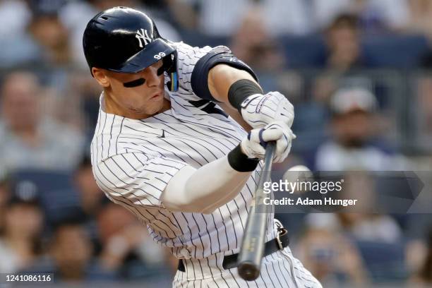 Aaron Judge of the New York Yankees hits a home run against the Detroit Tigers during the third inning at Yankee Stadium on June 3, 2022 in New York...