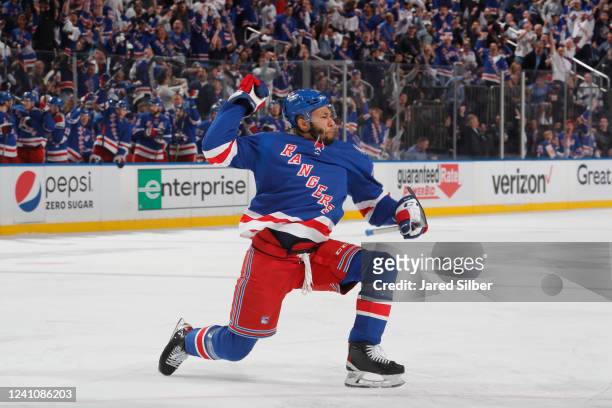 Andre Miller of the New York Rangers reacts after scoring a goal during the first period in Game Two of the Eastern Conference Final of the 2022...