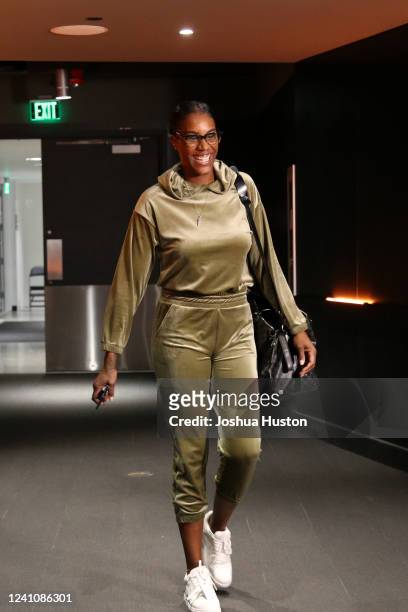 Jantel Lavender of the Seattle Storm arrives at the arena before the game against the Dallas Wingson June 3, 2022 at the Climate Pledge Arena in...