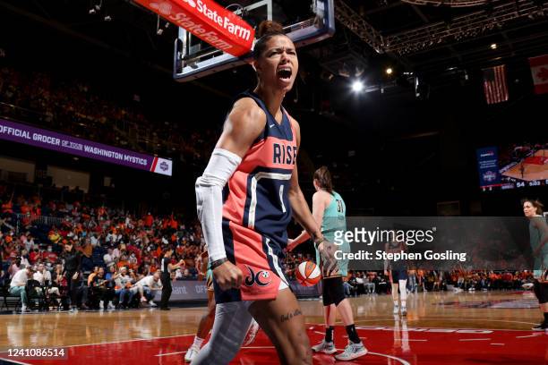 Natasha Cloud of the Washington Mystics celebrates during the game against the New York Liberty on June 3, 2022 at Entertainment & Sports Arena in...