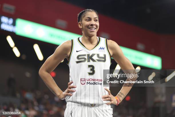 Candace Parker of the Chicago Sky smiles during the game against the Atlanta Dream on June 3, 2022 at Gateway Center Arena in College Park, Georgia....