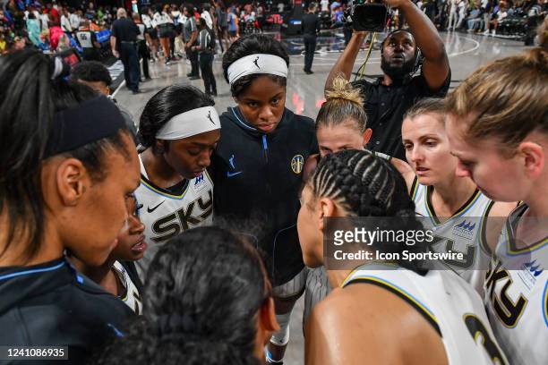 Chicago players huddle following the conclusion of the WNBA game between the Chicago Sky and the Atlanta Dream on June 3rd, 2022 at Gateway Center...