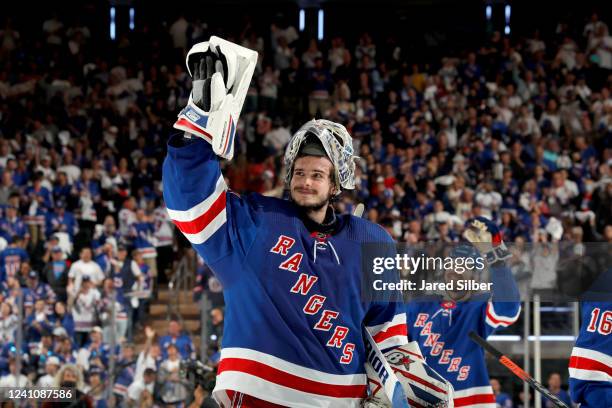 Goaltender Igor Shesterkin of the New York Rangers waves to the fans following a 3-2 victory over the Tampa Bay Lightning in Game Two of the Eastern...