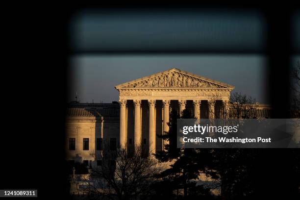 The Supreme Court of the United States is seen at sunset after Supreme Court Associate Justice Stephen Breyer announced his retirement on Thursday,...