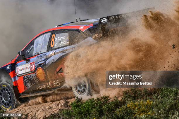 Ott Tanak of Estonia and Martin Jarveoja of Estonia compete with their Hyundai Shell Mobis WRT Hyundai i20 N Rally1 during Day Two of the FIA World...