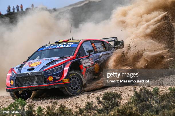 Thierry Neuville of Belgium and Martijn Wydaeghe of Belgium compete with their Hyundai Shell Mobis WRT Hyundai i20 N Rally1 during Day Two of the FIA...