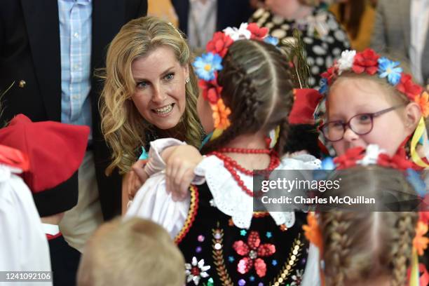 Prince Edward, Earl of Wessex and Sophie, Countess of Wessex meet local children during a Platinum Jubilee celebration on June 4, 2022 in Belfast,...