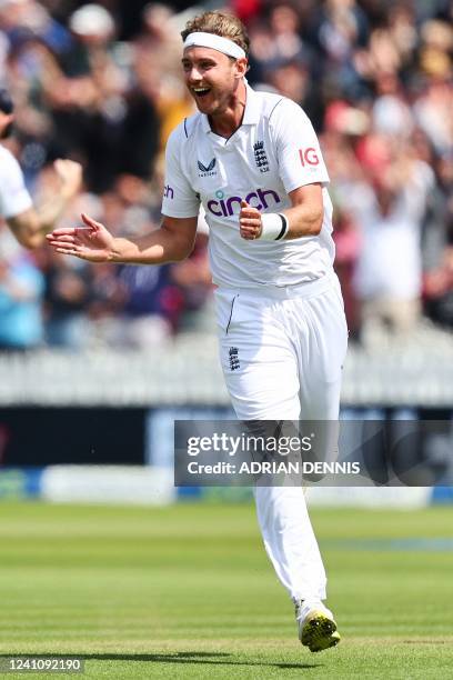 England's Stuart Broad celebrates after the dismissal of New Zealand's Kyle Jamieson on the third day of the first cricket Test match between England...