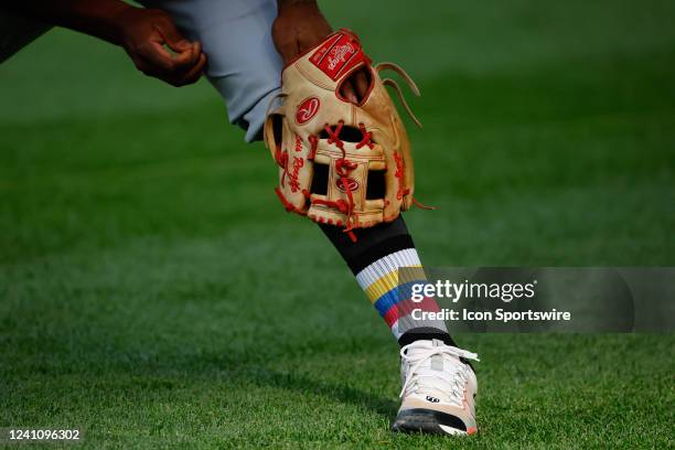 General view of the glove of Los Angeles Angels second baseman Luis Rengifo on the field prior to the Major League Baseball game between the...