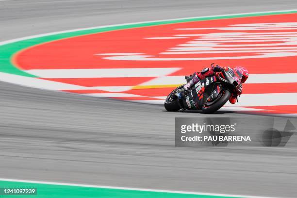 Aprilia Spanish rider Aleix Espargaro competes during the MotoGP qualifying session of the Moto Grand Prix de Catalunya at the Circuit de Catalunya...
