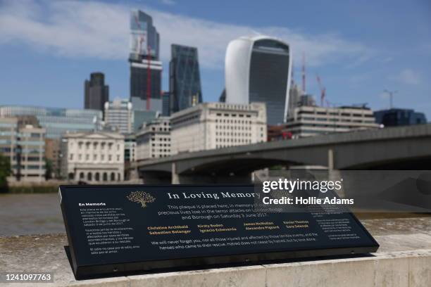 Plaque laid in memory of the victims of the London Bridge terror attack on June 4, 2022 in London, England. Yesterday marked the 5th anniversary of...