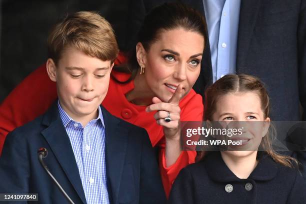 Prince George of Cambridge, Catherine, Duchess of Cambridge and Princess Charlotte of Cambridge during a visit to Cardiff Castle on June 04, 2022 in...
