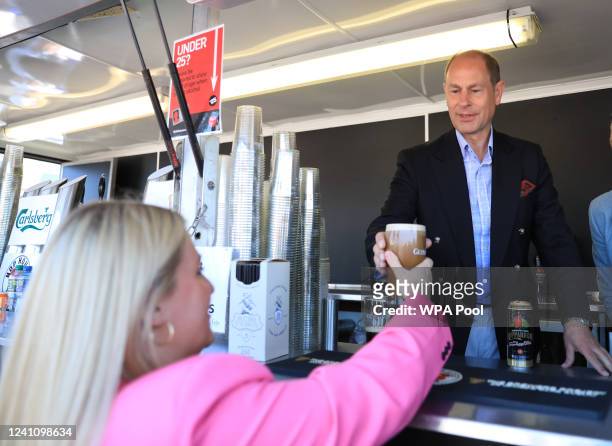 Prince Edward, Earl of Wessex pours a pint of Guinness while attending celebrations marking the Platinum Jubilee of Britain's Queen Elizabeth on June...