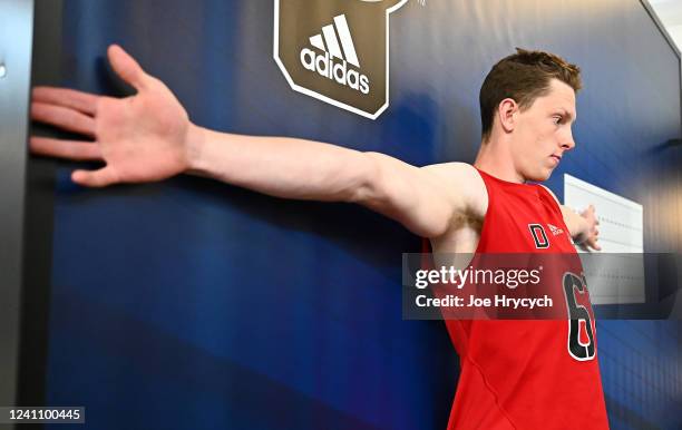 Michael Fisher has his wingspan measured during the 2022 NHL Scouting Combine at LECOM Harborcenter on June 4, 2022 in Buffalo, New York.