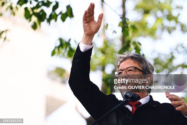 French leftist La France Insoumise party leader, Member of Parliament and leader of left-wing coalition NUPES Jean-Luc Melenchon delivers a speech...