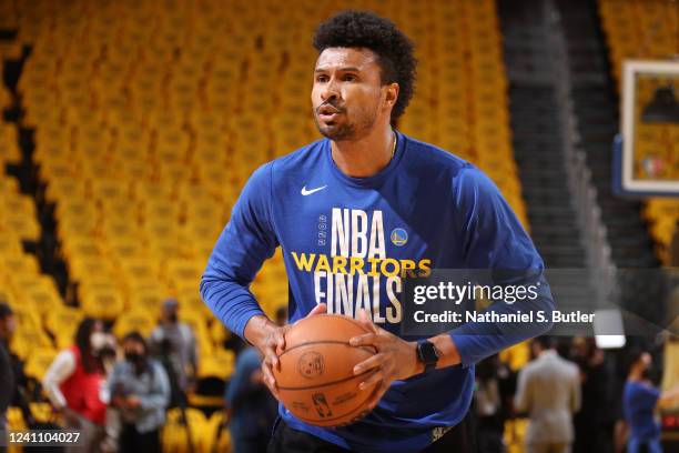 Leandro Barbosa of the Golden State Warriors warms up on court before Game One of the 2022 NBA Finals against the Golden State Warriors on June 2,...