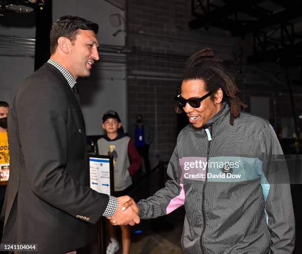 Rapper, Jay-Z and Zaza Pachulia talk during Game One of the 2022 NBA Finals between Boston Celtics and Golden State Warriors on June 2, 2022 at Chase...