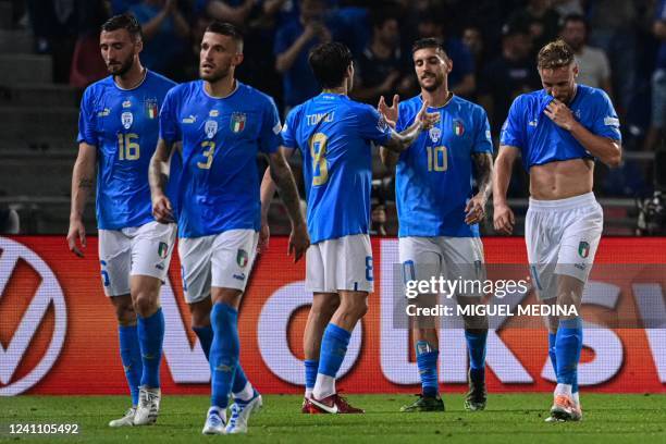 Italy's midfielder Lorenzo Pellegrini celebrates after opening the scoring during the UEFA Nations League - League A, Group 3 first leg football...