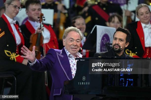 British composer Andrew Lloyd Webber and US actor Lin-Manuel Miranda perform at the Platinum Party at Buckingham Palace on June 4, 2022 as part of...