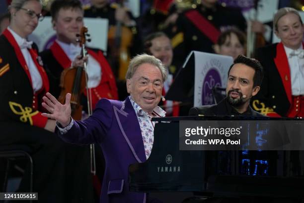 Sir Andrew Lloyd Webber and Lin-Manuel Miranda perform during the Platinum Party At The Palace at Buckingham Palace on June 4, 2022 in London,...