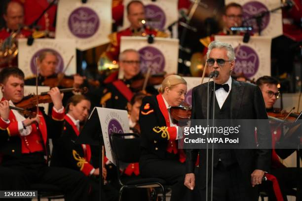 Andrea Bocelli performs during the Platinum Party At The Palace at Buckingham Palace on June 4, 2022 in London, England. The Platinum Jubilee of...