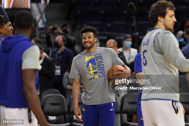 Leandro Barbosa of the Golden State Warriors smiles during 2022 NBA Finals Practice and Media Availability on June 4, 2022 at Chase Center in San...