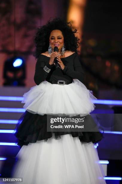 Diana Ross performs during the Platinum Party At The Palace at Buckingham Palace on June 4, 2022 in London, England. The Platinum Jubilee of...