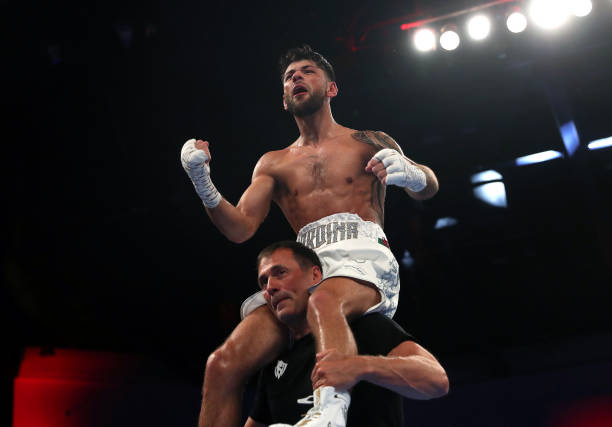 Joe Cordina celebrates defeating Kenichi Ogawa in the International Boxing Federation World Super Feather Title at the Motorpoint Arena Cardiff....