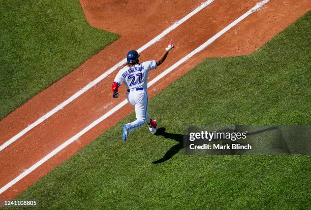 Vladimir Guerrero Jr. #27 of the Toronto Blue Jays celebrates his home run against the Minnesota Twins in the fourth inning at the Rogers Centre on...