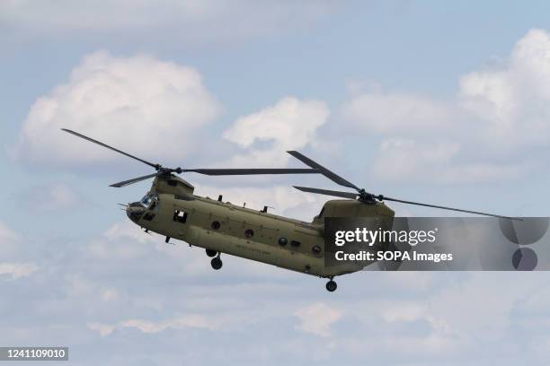 Boeing CH 47 Chinook helicopter with the United Army flying at Yokota Airbase, Fussa.