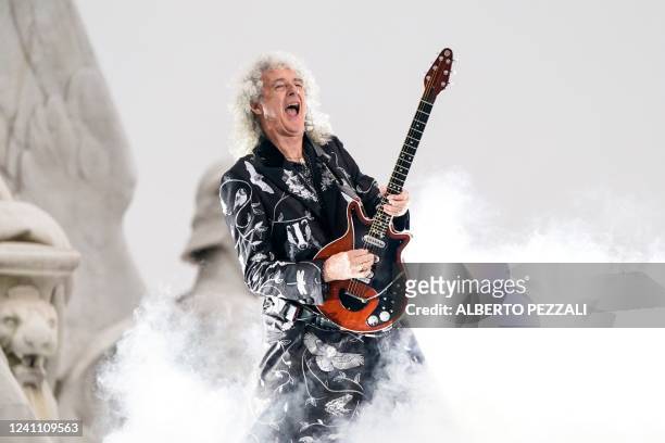 British guitarist Brian May of Queen performs during the Platinum Party at Buckingham Palace on June 4, 2022 as part of Queen Elizabeth II's platinum...