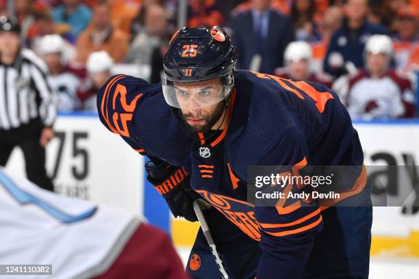 Darnell Nurse of the Edmonton Oilers lines up for a face off during Game Three of the Western Conference Finals of the 2022 Stanley Cup Playoffs...