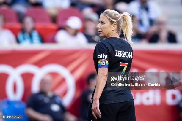 McCall Zerboni of NJ/NY Gotham FC wears a pride rainbow captains armband in the first half of the Pride Night match against the Washington Spirit at...