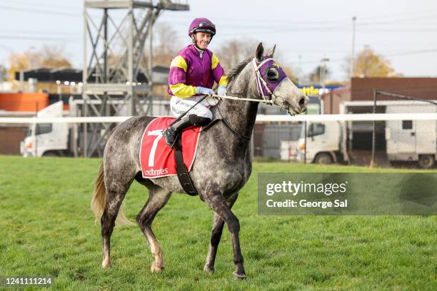 Mikaela Lawrence returns to the mounting yard aboard Wiesenbach after winning the S&S Equipment Hire 0 - 58 Handicap at Moe Racecourse on June 05,...