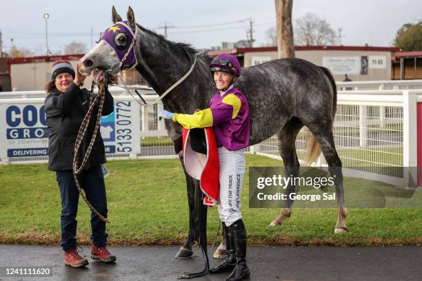 Wiesenbach with Mikaela Lawrence after winning the S&S Equipment Hire 0 - 58 Handicap at Moe Racecourse on June 05, 2022 in Moe, Australia.