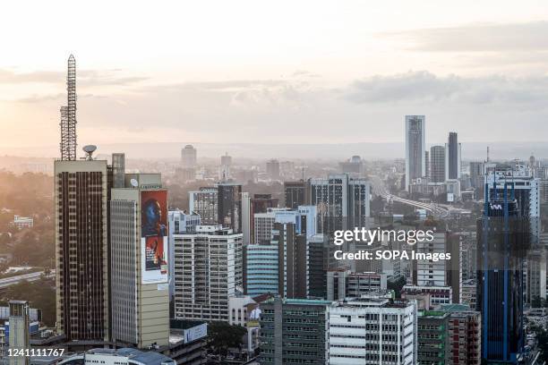 An aerial view of the modern Nairobi cityscape, capital city of Kenya in East Africa. The name Nairobi comes from the Maasai phrase Enkare Nyorobi,...