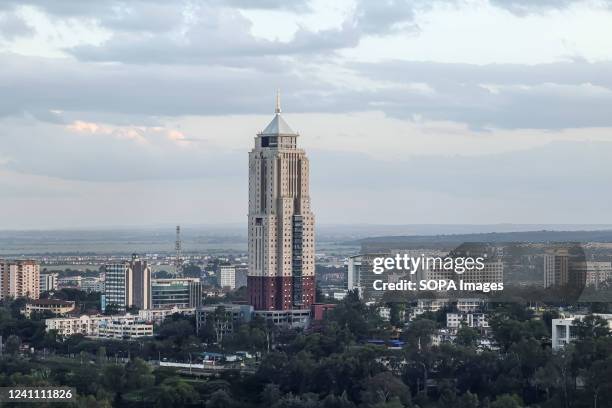 An aerial view of the UAP Old Mutual Tower, a 33-storey office complex in the Upper Hill in Nairobi. The name Nairobi comes from the Maasai phrase...