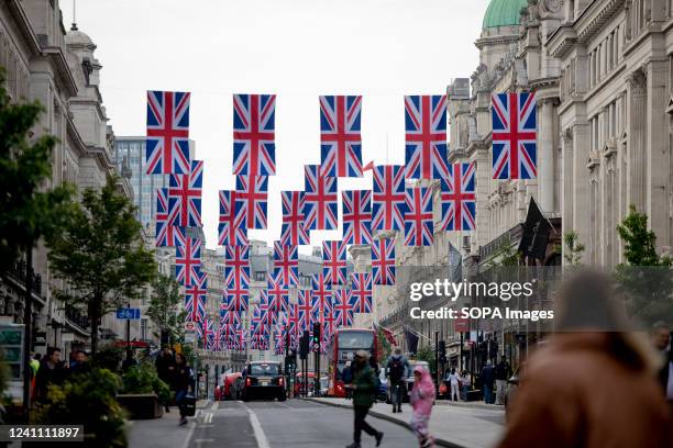 General view of Union Jack flag decorations in Regent Street. Public are seen celebrating the Platinum Jubilee of the Queen Elizabeth II, marking the...