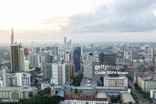 An aerial view of the modern Nairobi cityscape, capital city of Kenya in East Africa. The name Nairobi comes from the Maasai phrase Enkare Nyorobi,...