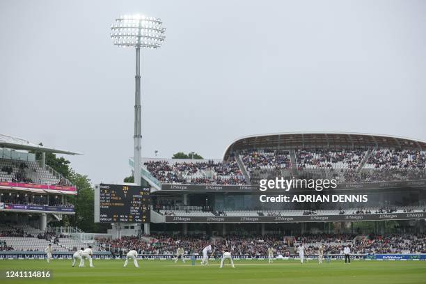General view of the floodlight shining onto the pitch on the fourth day of the first cricket Test match between England and New Zealand at Lord's...