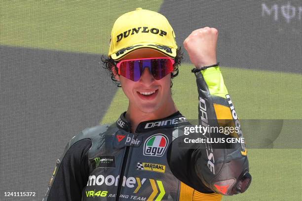 Mooney VR46 Racing Team Italian rider Celestino Vietti celebrates on the podium after winning the Moto 2 race during the Moto Grand Prix de Catalunya...