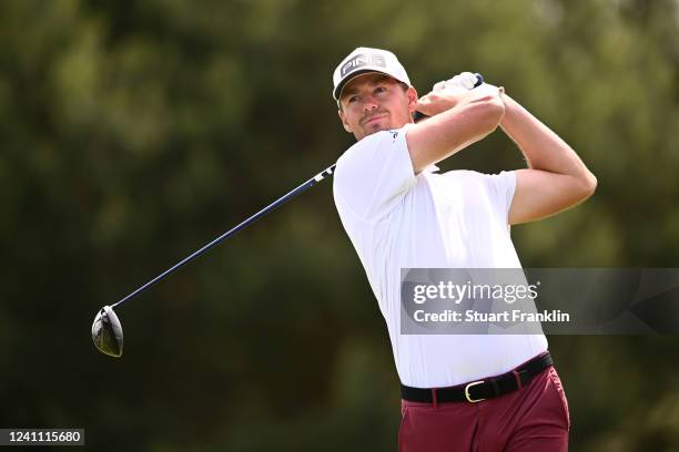 Victor Perez of France plays his tee shot at the 4th hole during Day Four of the Porsche European Open at Green Eagle Golf Course on June 5, 2022 in...