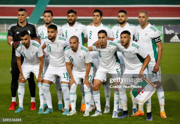 Algerian players pose for a group photo before the 2023 Africa Cup of Nations qualifier soccer match between Algeria and Uganda at the July 5, 1962...